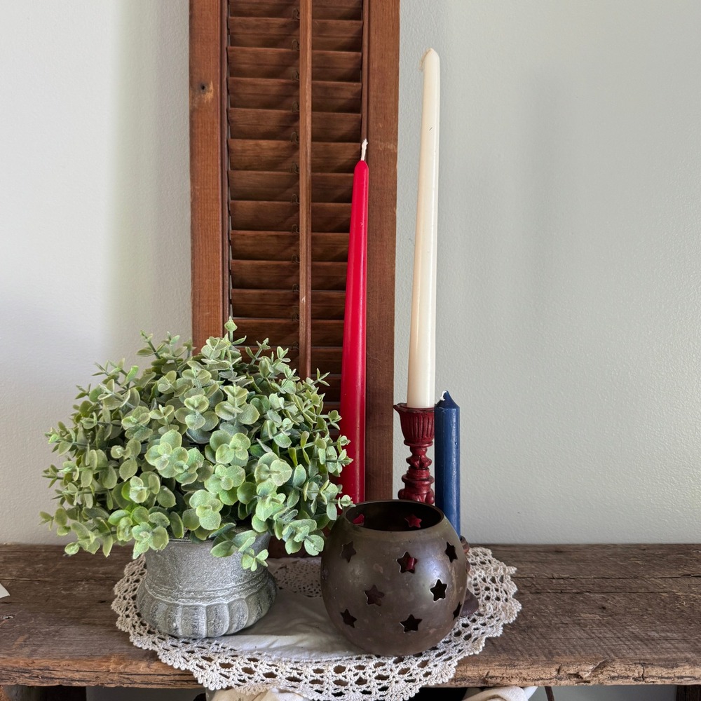 Rustic Americana Mantle Decor Bundle Star Candle Holder Faux Plant Cottagecore